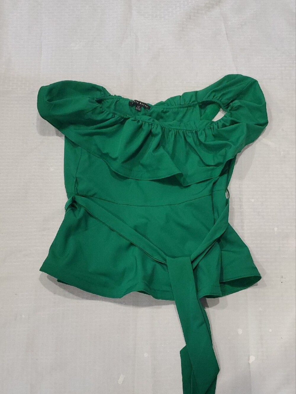 Haute Monde Emerald Green Off-Shoulder Ruffle Tie-Waist Blouse - Picture 10 of 13